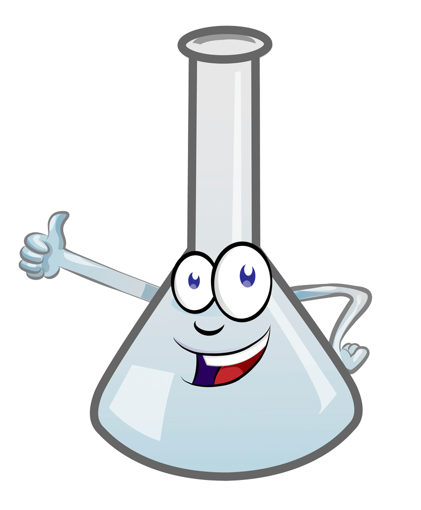 Smiling cartoon Erlenmyer flask graphic giving a thumbs up