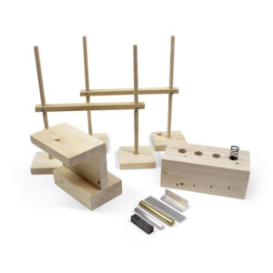 Special parts kit with Hot Wheels track clamp support base, double support stand, spring mounting block, and 5 metal samples