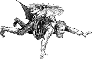 print of bearded man using a personal flying device